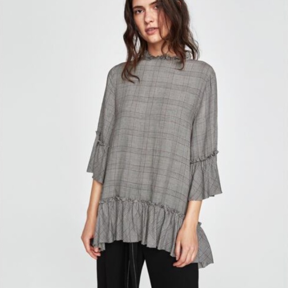 ZARA Checkered Plaid Ruffled Trim Blouse Size L